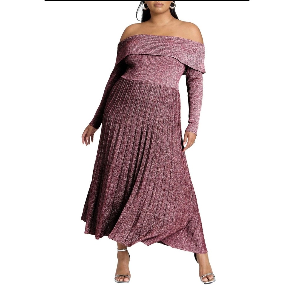 Raspberry Metallic Off-Shoulder Formal Maxi Dress Long Sleeve Glam Holiday 18/20